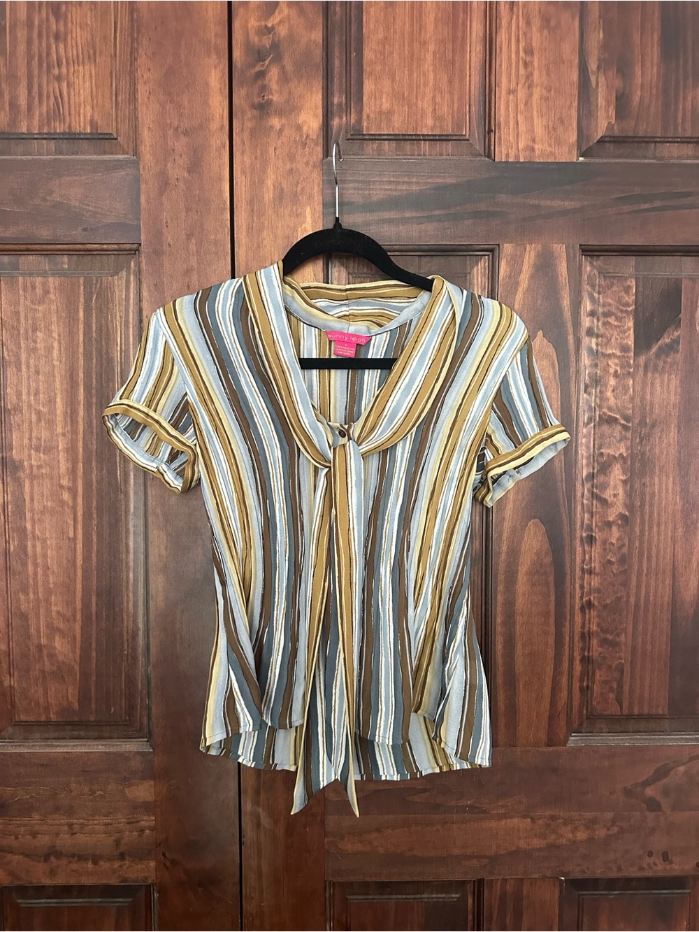 Sunny Leigh Striped Tie-Neck Short Sleeve Top in Mustard, Gray & Cream